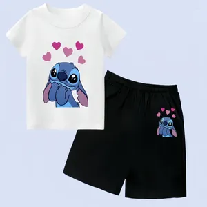 Set di abbigliamento Stitch Kid's Set per bambini T-shirt Shorts Shorts Shirts Cartones Kawaii Casual Cash Girl Boy Boy Fashi