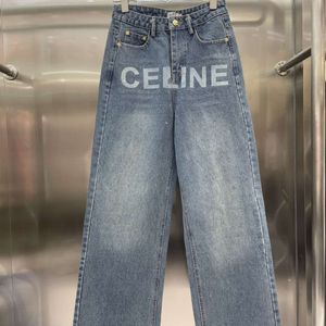 Vestidos casuais básicos letras de jeans com estampa completa, design de cor de luz azul de jeans, calça de perna de cintura alta alta e de cintura alta