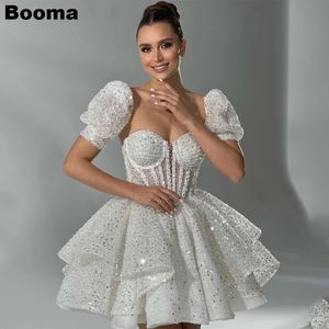 Booma a-line glänzende kurze Hochzeitsfeier Kleid Schatz Kurzärmel Schnürung Pailletten Brautkleid 240514