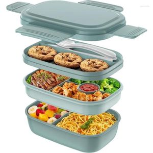 Servis 3 stapelbara bento lunchbehållare för vuxna med redskap set läcksäker lunchlåda mat ut arbetspicknick