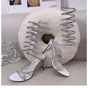 Thin Wrapped High Ankle Sandals Rhinestone Heels Summer Round Toe Straight Line Fashion Show Ocn Large Size Women bdf