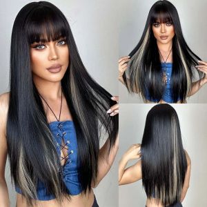 Long Synthetic Wigs with Bangs Natural Black Highlight Blonde Golden Synthetic Fiber Hair for Women Daily Party Heat Resistant