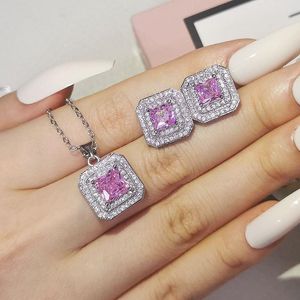 مجموعة المجوهرات الماس الوردي المصنوعة يدويًا 925 قلادة من الزفاف الفضية