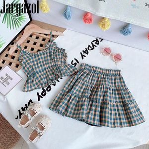 Kläder sätter sommar barn kläder koreanska mode pläd hängslen toppkirt söta små flickor set barn ruffle outfits