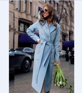 Women woolen coat belted Jackets solid color coats Female 2 pockets Outerwear Wool Trench Coat Long Outwear Female Clothes8777658