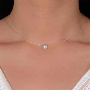 Naszyjniki wiszące moda błyszczący kryształowy naszyjnik dla kobiet przezroczystą linię wędkarską okrągła cyrkon Choker minimalistyczna biżuteria łańcucha q240525