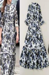 Highquality standcollar lace stitching printed 34 sleeve dress8372634