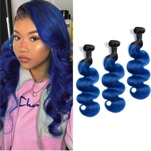 Malaysian Human Hair 1B/Blue Ombre Virgin Hair 3 Bundles Body Wave 1B Blue Hair Extensions 12-28inch Ewwxw