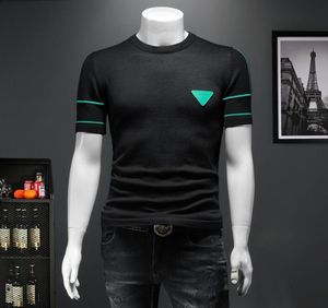 Spring 2022 New Trend Round Neck Men039s Tops Short Sleeve Knit TShirts Fashion Stretch Stitching Printed Bottoming Shirts5188477