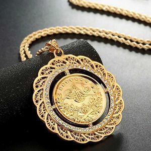 Pendant Necklaces Turkish Coin Pendant Necklace Slid Chain Gold Plated Men Women Chain Necklace Arabic Totem Design Royal Wedding Jewelry Q240525