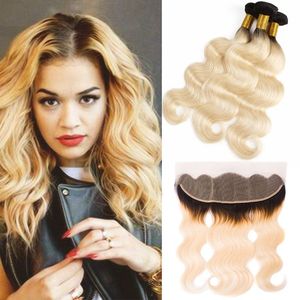 Brazilian Unprocessed Human Hair 3 Bundles With 13X4 Lace Frontal Body Wave 1B/613 Mink Hair Products 4 Pieces/lot Natural Color Qxgmj