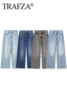 Kvinnors jeans trafza kvinnor mode byxor trend denim flera färg lös lång kvinna med fickor streetwear kvinnlig bred ben p eltj