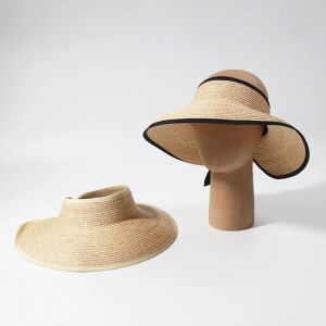 Summerka Raffia Sun Hats anty-UV Kobietowe czapki na zewnątrz ręcznie wykonane słomkowe kapelusz na czapkę pusta czapka na plażę gorras