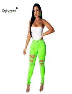 XXL Neon Green Orange Seksowne dżinsy z wysokiej talii Kobiety rozciągliwe otwory swobodne dżinsowe spodnie uliczne Plus Size Pencil Pants 2016634670