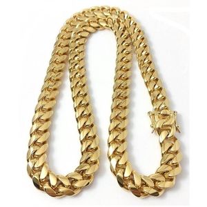 Stainless Steel Jewelry 18K Gold Filled Plated High Polished Cuban Link Necklace Men Punk Curb Chain Dragon Latch Clasp 15MM 24"/2 Ogvn