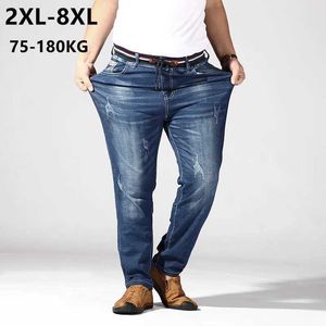 Mäns jeans stora mens jeans 6xl 7xl 8xl 180 kg Summer Mens Loose Pants Denim Blue Plus varumärkeskläder Q240525