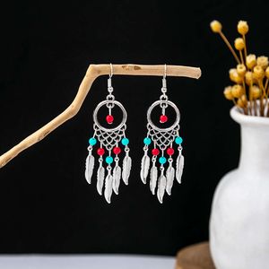 Miao Bohemian 스타일 Sier Turquoise Tassel Earrings 민족 소수 민족 관광 명소 귀걸이