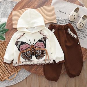 Roupas Conjuntos 2024 Girls Primavera Autumn Two Top Top Pullover Moda com capuz Fashion Logo All-Match Big Butterfly