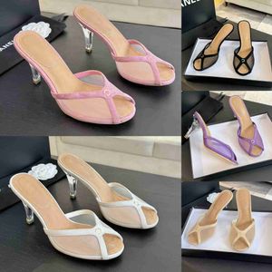 صندل صندل Sandals Slides Heels Slippers Mesh Lace Series Highleded Shipper Shoes Room Room Slippers Clear Cheel 7cm Mesh Mule Summer Slippers Top Quality Wo