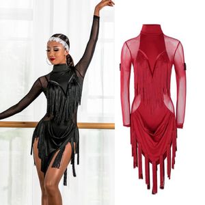 Stage Wear Latin Dance Dress Women Mesh Tassel Skirts Black Red Fringe Competition Cha Rumba Samba QERFORMANCE Clothes 289Z