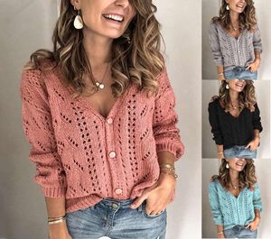 2020 Cardigan Women039s Solid Color Hollow Out Vneck Sweater1175531