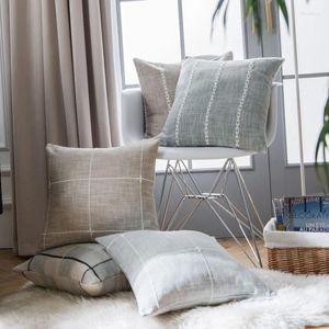 Travesseiro simples tampa xadrez marrom bordado cinza 45x45cm 60x60cm Linho de linho de algodão Decoração da sala de estar