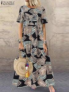 ZANZEA Vintage Summer Women Dress Short Sleeve Geometric Printed Sundress Robe Femme Bohemian Maxi Long Dresses Vestidos 240524