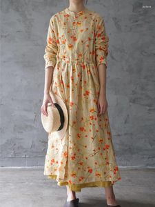 Casual Dresses Johnature Women Vintage Shirtdress Print Floral Stand Long Sleeve Ramie Cheongsam 2024 Spring Button A-Line Chinese Style