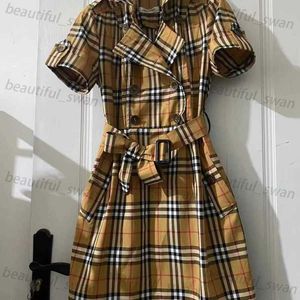 Z klasycznym bawełnianym tkaniną w stylu brytyjski płaszcz dla kobiet nowy letni sukienka z krótkim rękawem damska podwójna guzik na długi plus s-m-l-6xl