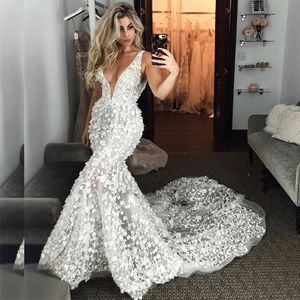 Romantic Luxurious Lace Mermaid Wedding Dresses Sexy Deep V Neck Bridal Gown With Sleeveless Long Train Formal Dress For Bride