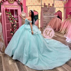 Aqua Blue Shiny Princess Quinceanera Dresses Off The Shoulder Beads Crystal Tull Corset Lace-up vestidos de 15 anos Prom Sweet 16