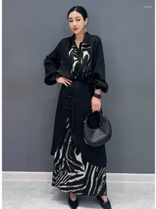 Work Dresses QING MO Black 2024 Summer Chinese Style Printed Dress Set Lapel Long Sleeved Shirt Loss Skirt Patchwork Elegant Suit ZXY323