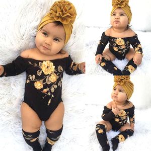 Golden Flower Print Romper 3pcs virl newborn قبالة الكتف Romper+Thread Warmers ملابس الملابس مجموعة ملابس الطفل L2405