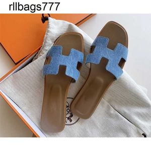 Slipper Oran Home Designer Denim flache Sandalen blau gerade Originalhochqualität