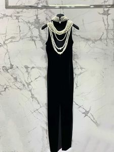 Runway Dresses Velvet Handmade Pearl Necklace Formal Dress Fashionable Long Dress d240527