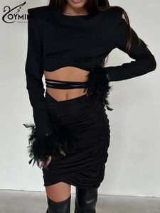 Vestidos de trabalho Oymimi Casual Black Sets para mulheres 2 peças Summer Autumn-Gobes Longa Longa Liga Lia Tops de Cara e Mini Saias Slim