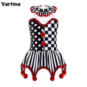 Dancewear Kids Girls Girls Rigus Ringmaster Clown Joker Cosplay Costume Plaid Polka Dots Stripes Print Seercins, украшенные нерегулярным хем -платье Y240524