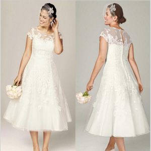 Sheer Lace Wedding Dresses with Illusion Neckline Short Sleeve Tea Length Bridal Gowns Appliques 2015 Plus Size Wedding Gowns 296w