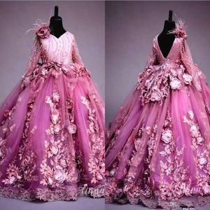 Lüks 3D El Yapımı Çiçekler Kızlar Elbise Balo Elbise V Boyun Tüy Boncuklar Kabarık Çocuklar Pageant Elbise Prenses İlk Cemaat Gowns 203o