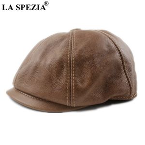 La Spezia Khaki Men's Newsboy Hap本物の牛皮の革の八角形帽子男性ベレット秋の冬の男性ヴィンテージアヒルの帽子201216 254o