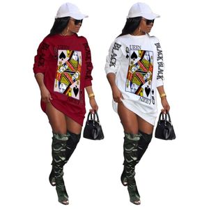 Poker Print Casual Tshirt Dress Women Loose Streetwear Long Sleeve T Shirt with Black Queen Letter 211022 263O