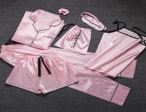 jrmissli pajamas women 7ピックピンクパジャマセットサテンシルクセクシーランジェリーホームウェアスリープウェアパジャマセットピジャマ女性2345058