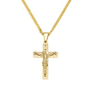 Nya rostfritt stål Guldpläterad bling Rhinestone Jesus Cross Pendant Halsband 24 kubansk kedjemode Punk smycken 226S