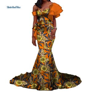 Vintage Vestidos Bazin Long Mermaid Dress Draped Patchwork African Print Dresses for Women African Ankara Clothing WY3346