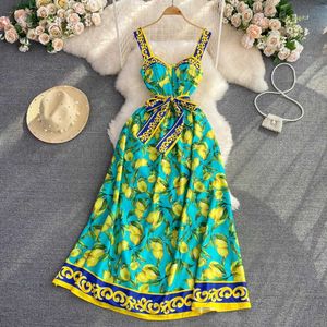 Runway Dresses Runway Fashion Maxi Dress Summer Spaghetti Shoulder Strap Lemon Print Sundress Cup Cushion Belt Elegant Backless Long Tank Top D240527