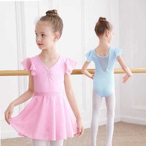Dancewear Girls Kids Ballet Leotards Pink Blue Bodysuit Gymnastics Leotards Toddler Dance Dress Soft Dance Wear Suit med chiffongkjolar Y240524
