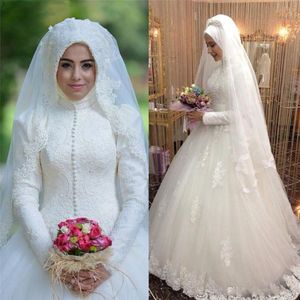 Vintage muslimsk bollklänning bröllopsklänningar långa ärmar hög hals blommig spetsblommor brudklänningar saudiarabien islamisk bröllopsklänning med 314A