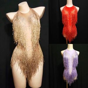 Sparkly Gold Rhinestones Tassel Bodysuit Female Singer DJ Sexig Holographic Leotard Jazz Beyonce Costum Crystals Outfit DL1012 213A