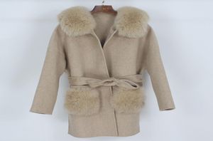 Oftbuy 2020 wełniane mieszanki kaszmirowe Prawdziwa futrzana płaszcz zimowy Kobiet Kobiety Naturalny lis furty kołnierz kieszonkowy luźny pasek odzieżowy streetwear1373571