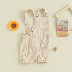 Overaller Rompers 0-24m baby wrap pojkar och flickor lösa ärmlösa hängande shorts med fickor barns jumpsuit sommarkläder wx5.26